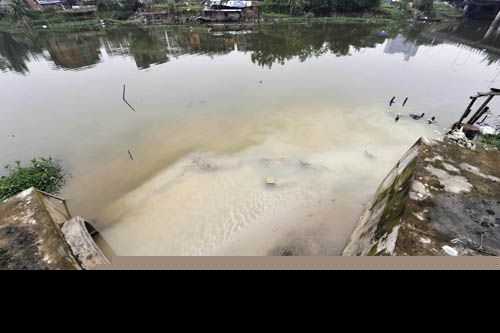 福建工程学院附近，一排污口流出白色污水