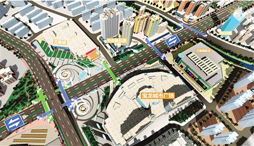 蓝色和绿色标志，是中防万宝城人防工程建成后，地下过街通道和双向四车道立体式交通（示意图） &nbsp;