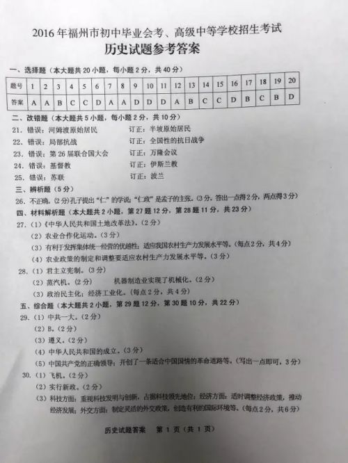 2016年福州市中考试卷及参考答案全部出炉！（4）