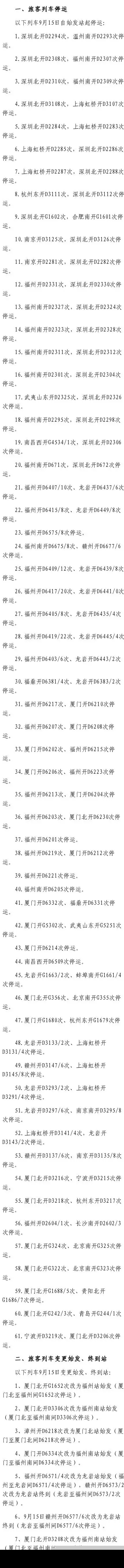 9月15日福州火车站最新停运列车信息