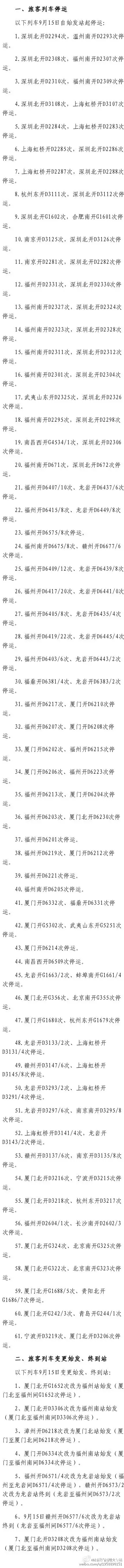 9月15日福州火车站最新停运列车信息