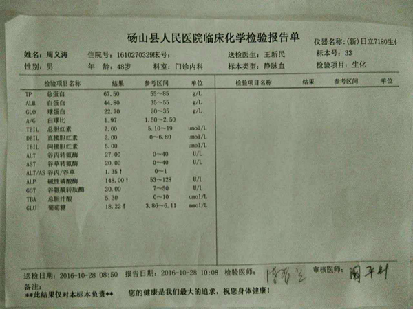 10月28日，砀山县人民医院对周义涛的化学检验报告单显示，其身体葡萄糖指数是正常值的3倍。