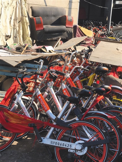 上百辆共享单车被集中堆放在院内。市民田女士供图