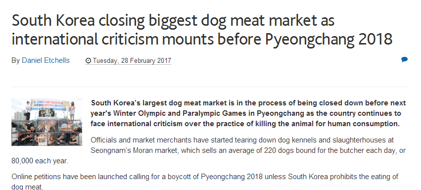 韩国正式关闭最大狗肉市场 避免平昌冬奥被抵制