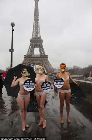 2017年3月6日，法国巴黎，巴黎时装周期间，环保组织PETA戴面具街头半裸抗议，反对使用动物皮毛
