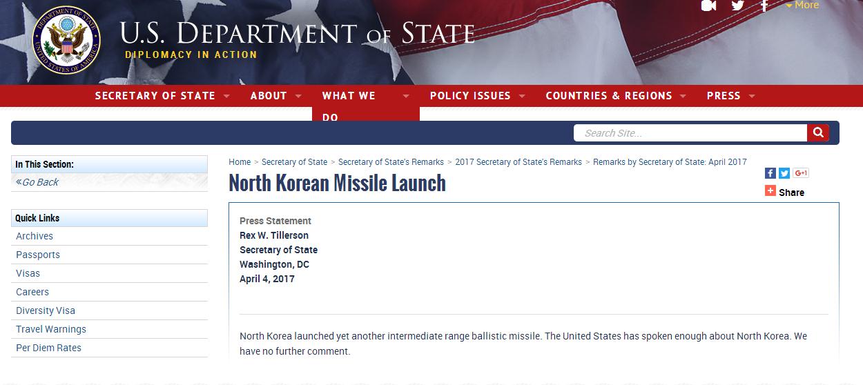 美朝关系最新消息 朝鲜今晨再射弹 美国务卿：关于朝鲜说得够多了