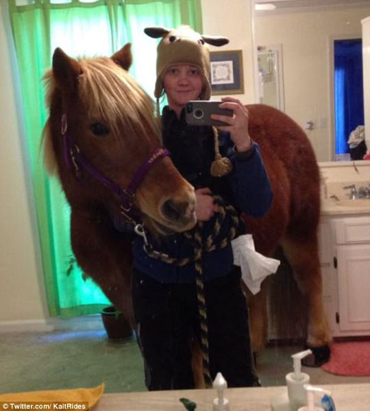 美国女子将一匹马带入爸妈浴室拍合照引网友关注