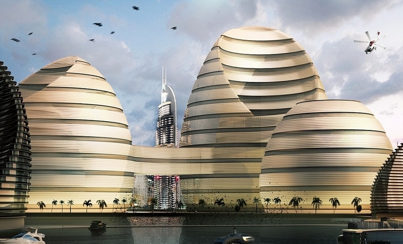 意大利卢卡•库尔奇建筑事务所（Luca Curci Architects）为阿拉伯联合酋长国设计了一座未来大都会。设计图中蜂巢型的陆上寓所和新月形的海上寓所科技感十足，令人眼花缭乱。