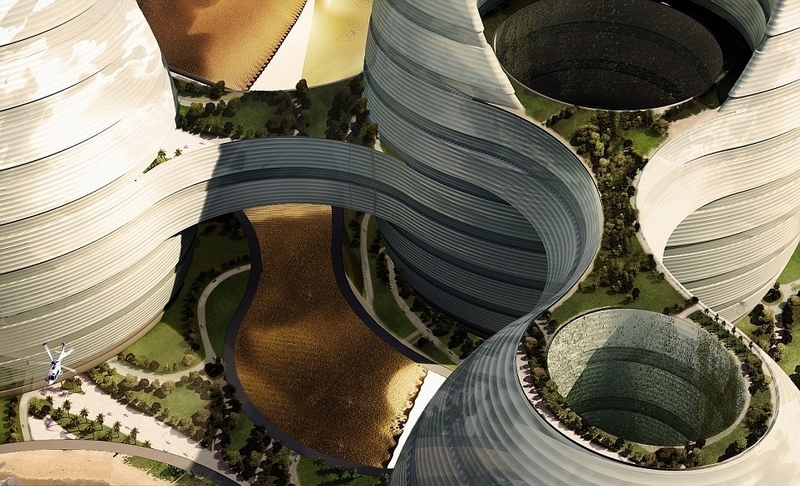 意大利卢卡•库尔奇建筑事务所（Luca Curci Architects）为阿拉伯联合酋长国设计了一座未来大都会。设计图中蜂巢型的陆上寓所和新月形的海上寓所科技感十足，令人眼花缭乱。