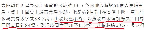 《战狼2》终于征服香港，排片量猛增60%！吴京：感谢香港观众支持