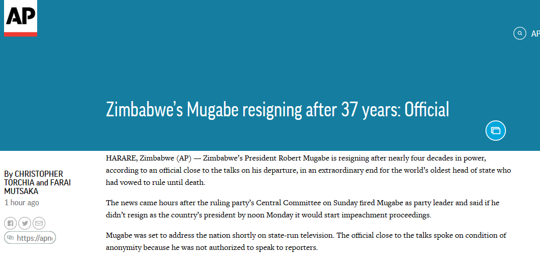 津巴布韦总统穆加贝发表电视讲话 未宣布辞去总统职务