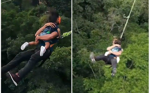 惊心动魄！马来西亚男子携2岁幼女60米高空蹦极