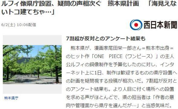 尾田故乡建设“路飞铜像”遭市民反对 理由竟是“看不见海”