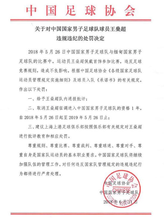 王燊超佩戴首饰处罚最新情况：足协取消王燊超进入国足资格1年