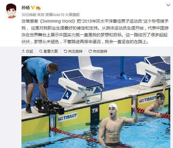 孙杨获评环太平洋最佳运动员 发文称展示中国实力