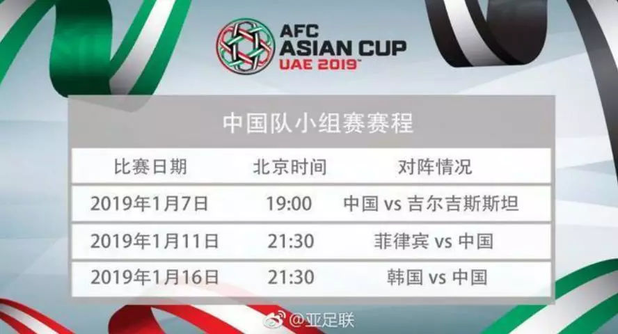 2019亚洲杯赛程表最全完整版 2019中国队亚洲杯赛程时间安排