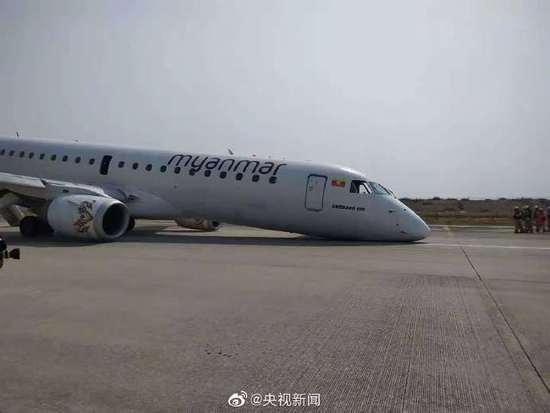缅甸一架客机起落架无法打开着陆失败 机头触地