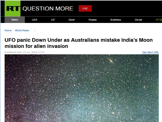 澳大利亚突现神秘光束惊呆众人 外星人入侵？ 专家：可能是印度 “月船2号”