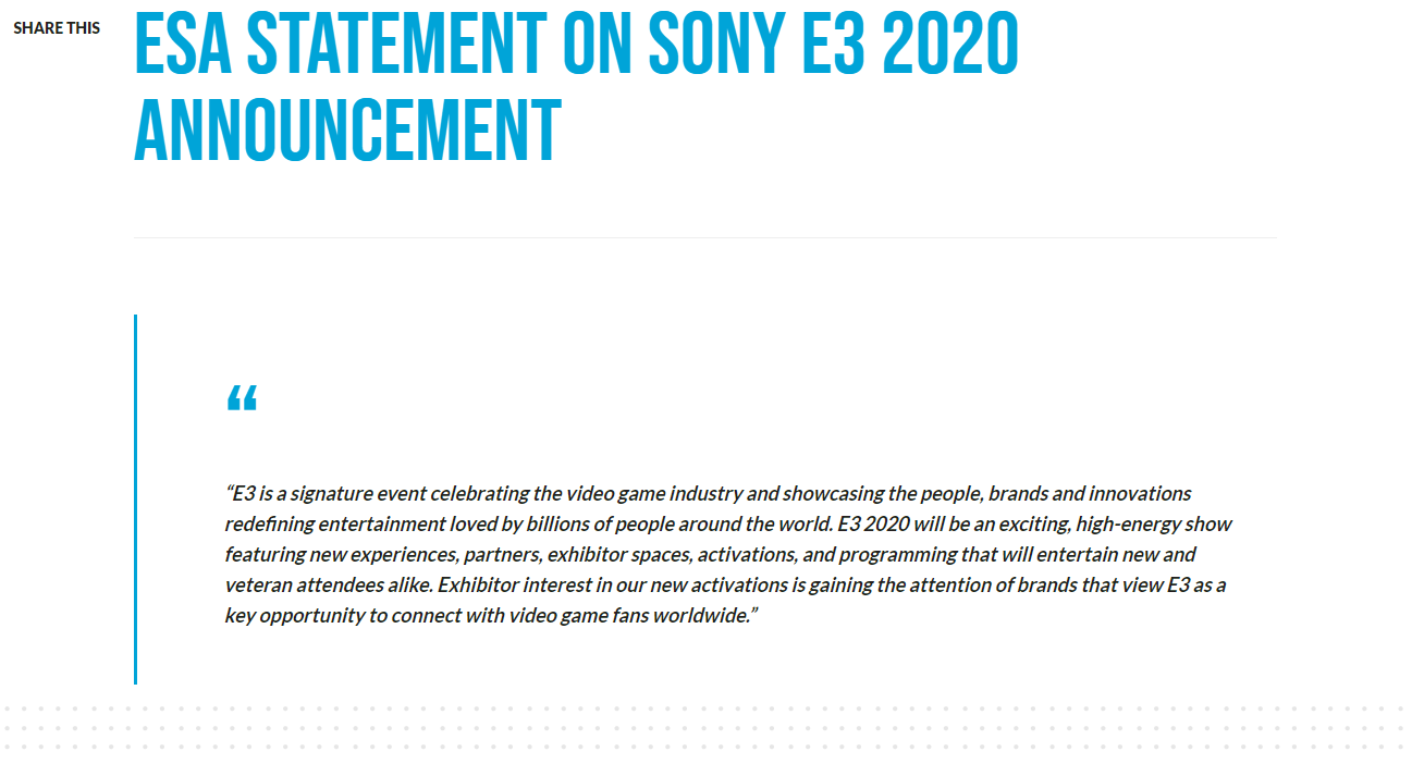 传言成真！索尼官方确认不参加E3 2020