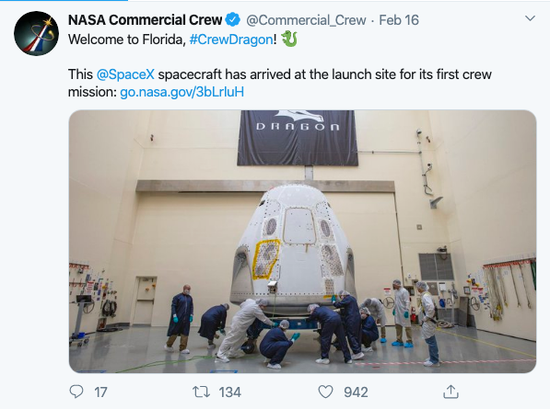 NASA：SpaceX将成首个送宇航员到空间站的私人公司