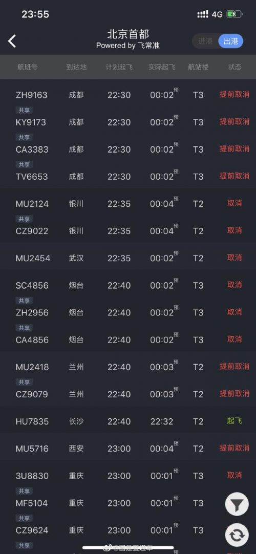 北京前往各地航班大面积取消！北京的哪些航班取消了完整名单